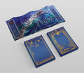 Blue book with gold accents and a promotional poster for 'The Faerie's Bargain' on a light gray background