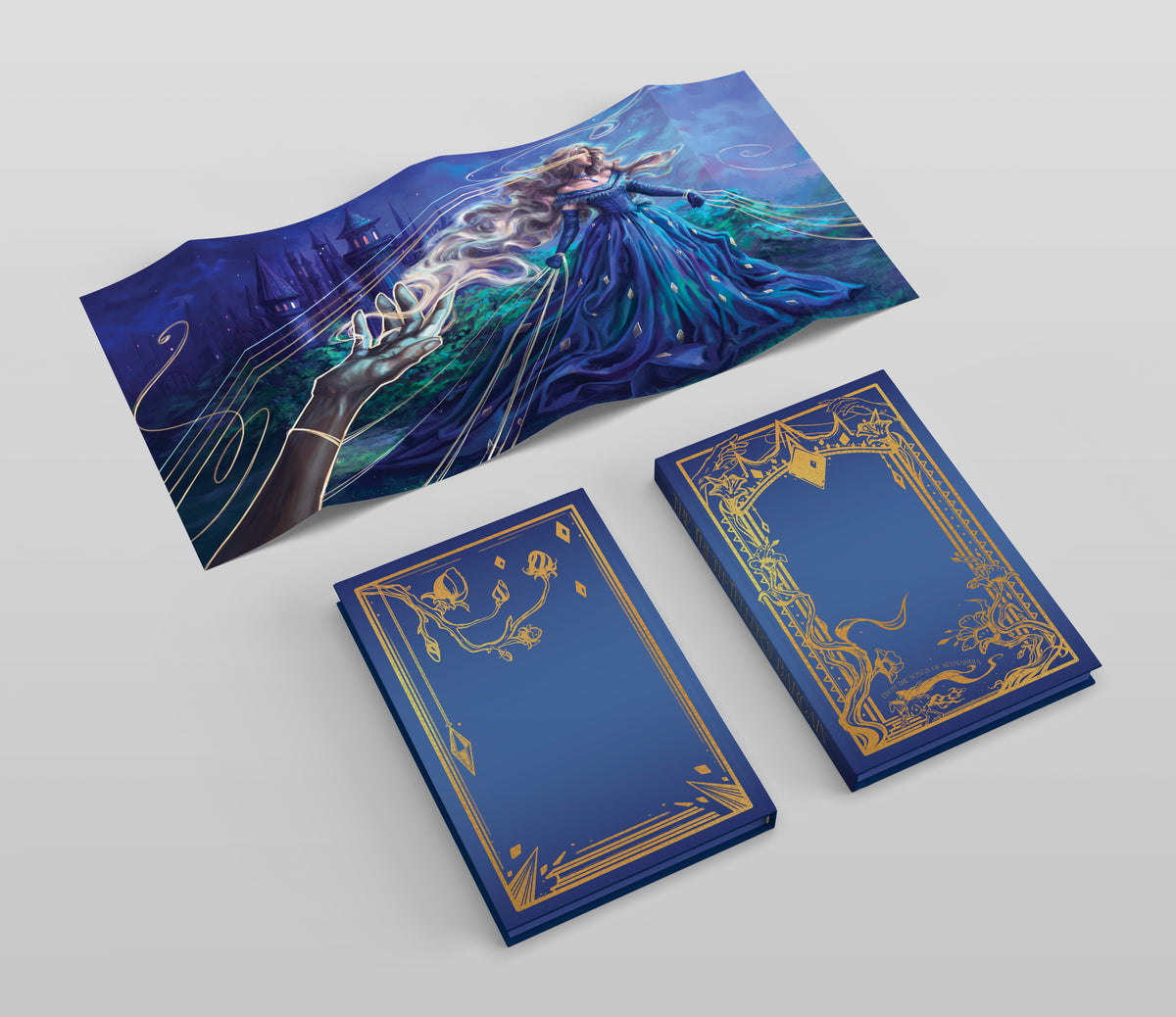 Blue books with gold accents on a gray background